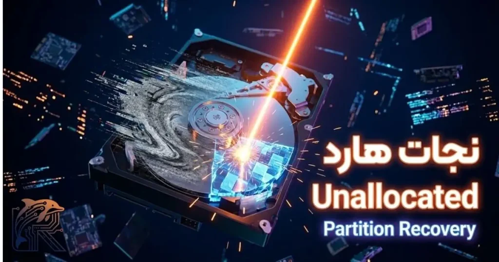 تصویر سه بعدی از یک هارد دیسک که بخش‌های خراب و Unallocated آن توسط یک لیزر نئونی در حال تعمیر و بازیابی است.