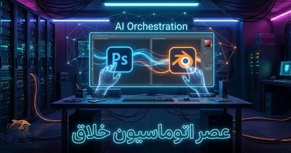 تصویر مفهومی از کنترل نرم‌افزارهای گرافیکی مثل فتوشاپ توسط ایجنت‌های هوشمند هوش مصنوعی در یک محیط سایبرپانک.