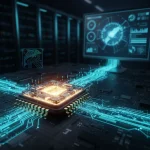 تصویر گرافیکی چیپست CPU با جریان داده سبز و آبی، نماد عیب‌یابی تخصصی سخت‌افزار از راه دور.