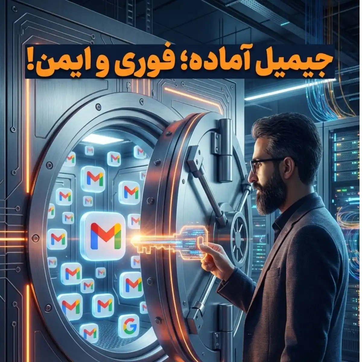 متخصص امنیت رایمند شاپ در حال تحویل کلید دیجیتال حساب جیمیل امن.